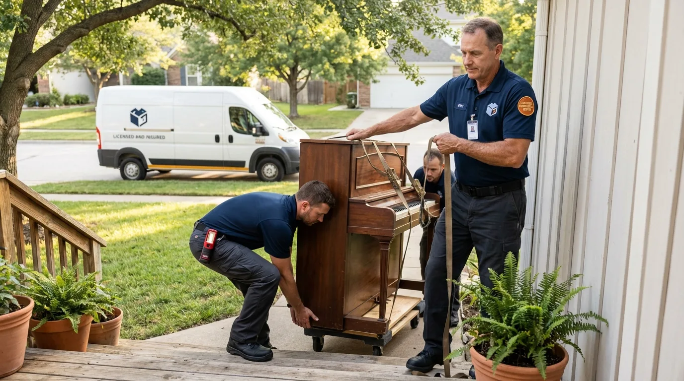 Licensed piano movers securing grand piano in Fair Lawn, NJ