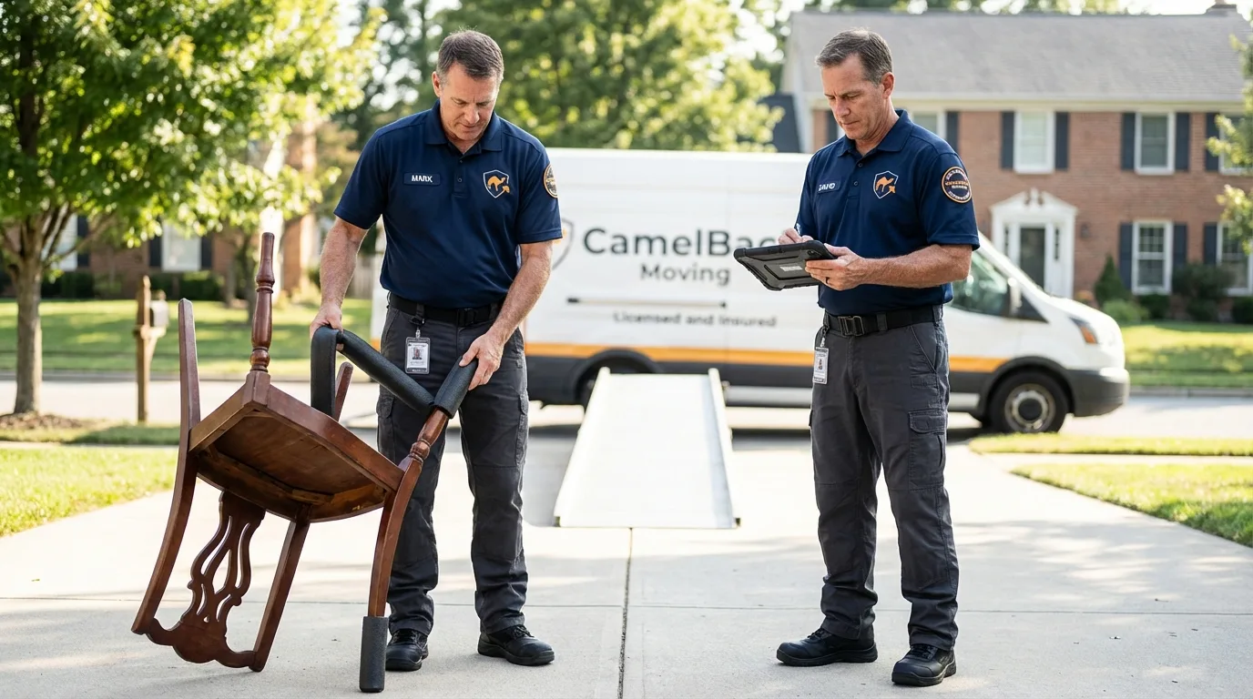 Movers inspecting furniture for damage prevention before loading in Fair Lawn, NJ