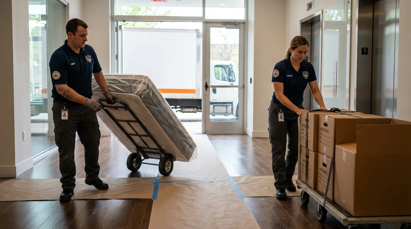 Professional apartment movers loading elevator in Fair Lawn, NJ