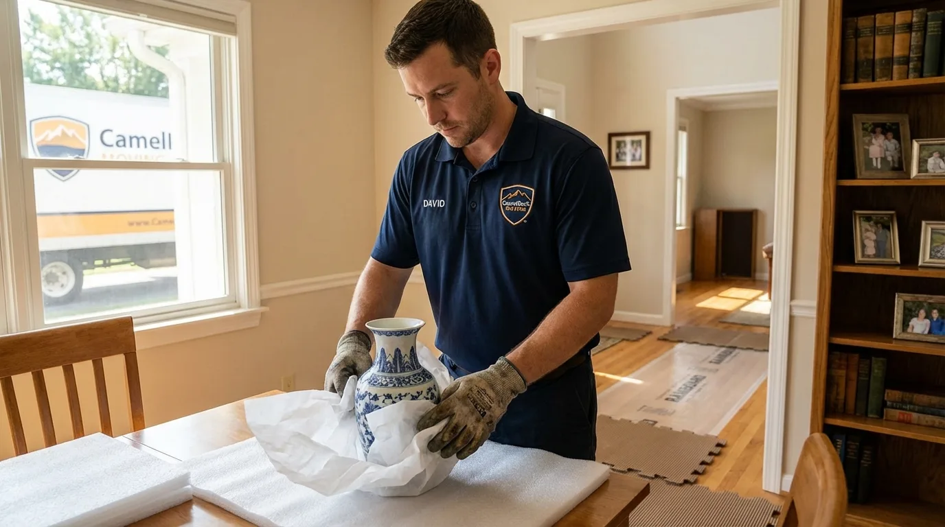 Professional crew carefully wrapping antique vase for senior downsizing move in Fair Lawn, NJ